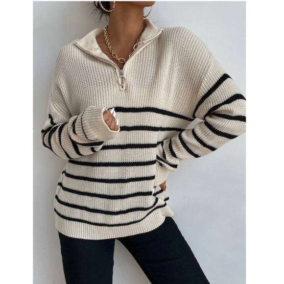 Striped Pullover Zip Collar Sweater Knit - Picture 5 of 8